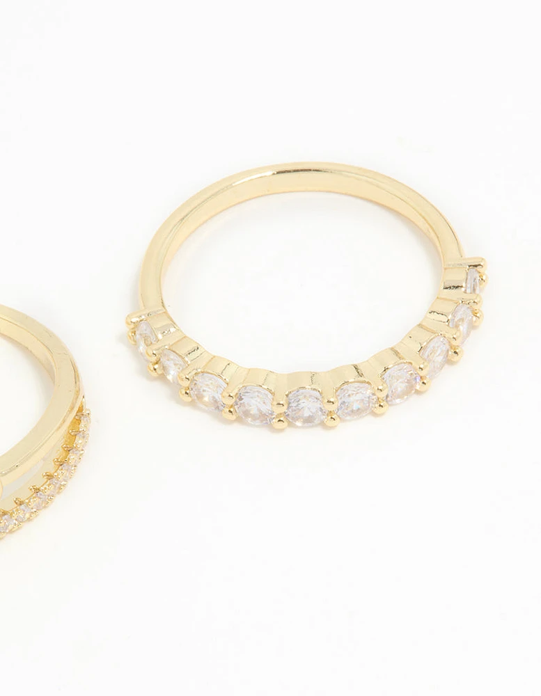 Gold Plated Cubic Zirconia Dainty Stacked Flower & Band Rings 2-Pack
