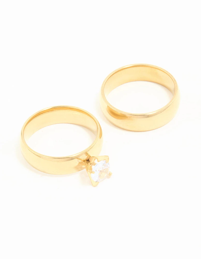 Waterproof Gold Plated Stainless Steel Cubic Zirconia & Sleek Band Rings 2-Pack