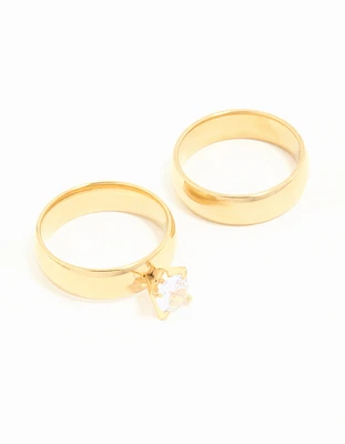 Waterproof Gold Plated Stainless Steel Cubic Zirconia & Sleek Band Rings 2-Pack