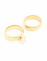 Waterproof Gold Plated Stainless Steel Cubic Zirconia & Sleek Band Rings 2-Pack