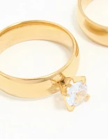 Waterproof Gold Plated Stainless Steel Cubic Zirconia & Sleek Band Rings 2-Pack