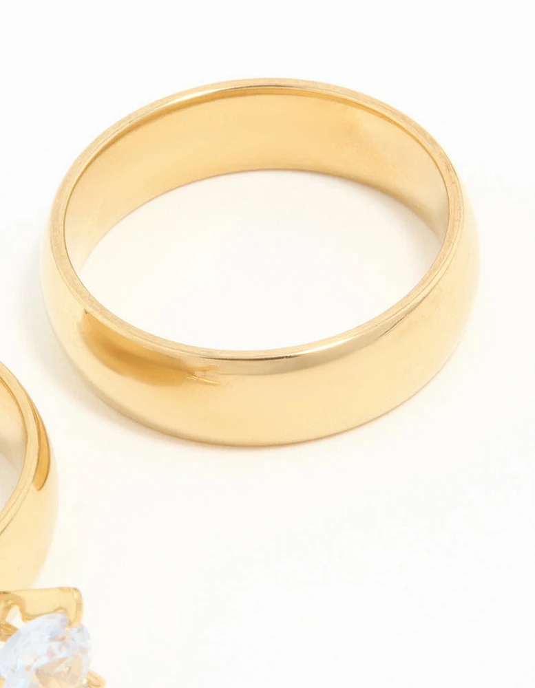 Waterproof Gold Plated Stainless Steel Cubic Zirconia & Sleek Band Rings 2-Pack