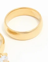 Waterproof Gold Plated Stainless Steel Cubic Zirconia & Sleek Band Rings 2-Pack