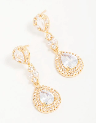 Gold Cubic Zirconia Halo Pear Drop Earrings