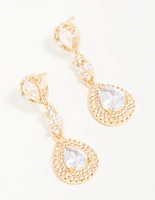 Gold Cubic Zirconia Halo Pear Drop Earrings