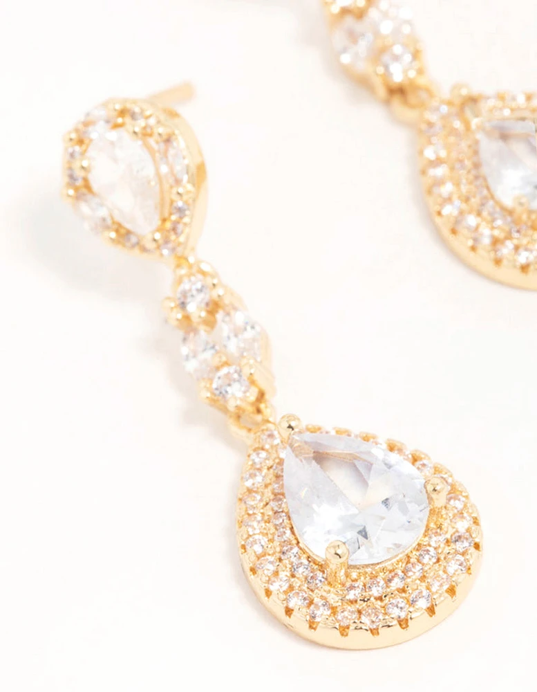 Gold Cubic Zirconia Halo Pear Drop Earrings