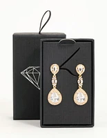 Gold Cubic Zirconia Halo Pear Drop Earrings