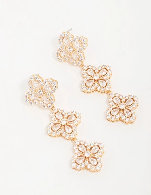 Gold Cubic Zirconia Triple Flower Drop Earrings