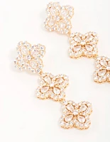 Gold Cubic Zirconia Triple Flower Drop Earrings