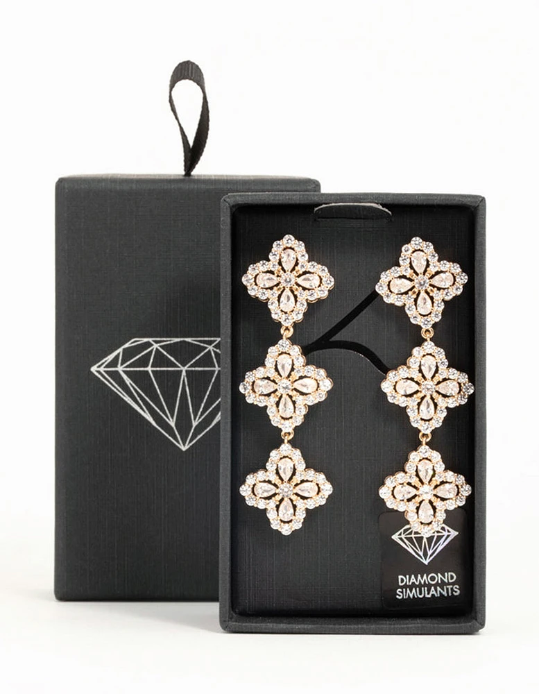 Gold Cubic Zirconia Triple Flower Drop Earrings