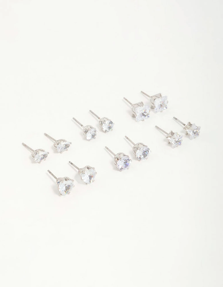 Silver Diamante Geometric Stud Earrings 6-Pack