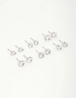 Silver Diamante Geometric Stud Earrings 6-Pack