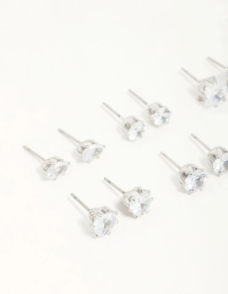 Silver Diamante Geometric Stud Earrings 6-Pack