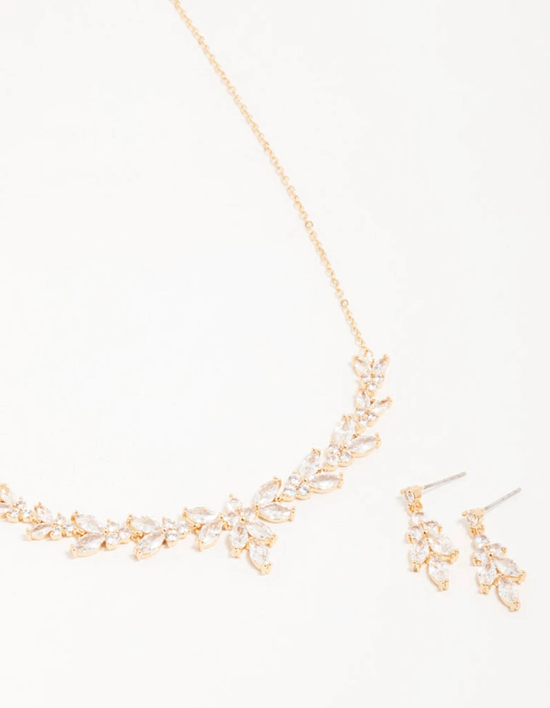 Gold Cubic Zirconia Leaf Vine Necklace & Earrings Set