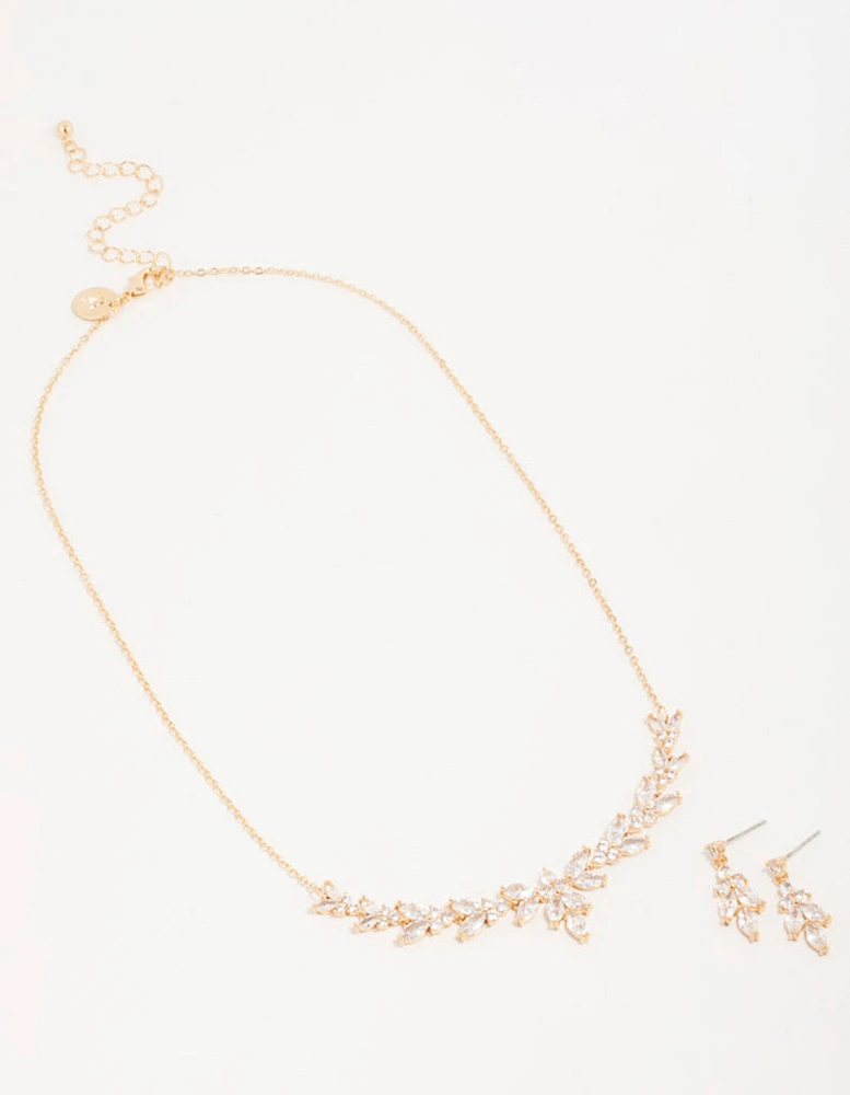 Gold Cubic Zirconia Leaf Vine Necklace & Earrings Set