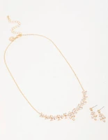 Gold Cubic Zirconia Leaf Vine Necklace & Earrings Set