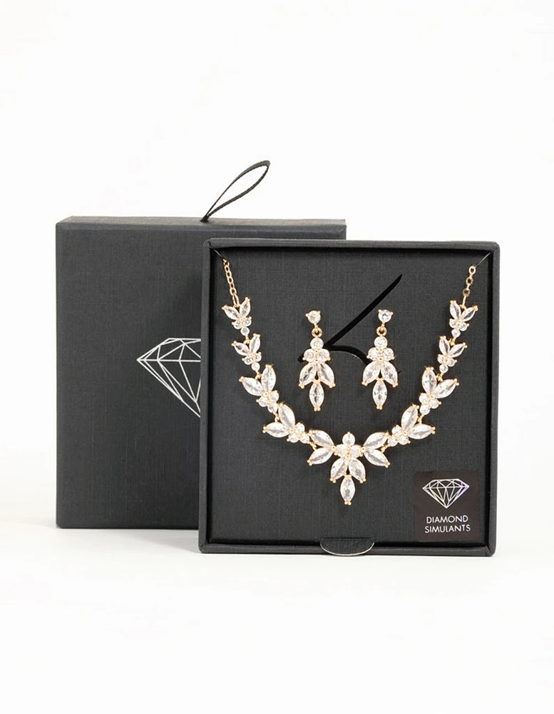 Gold Cubic Zirconia Leaf Vine Necklace & Earrings Set