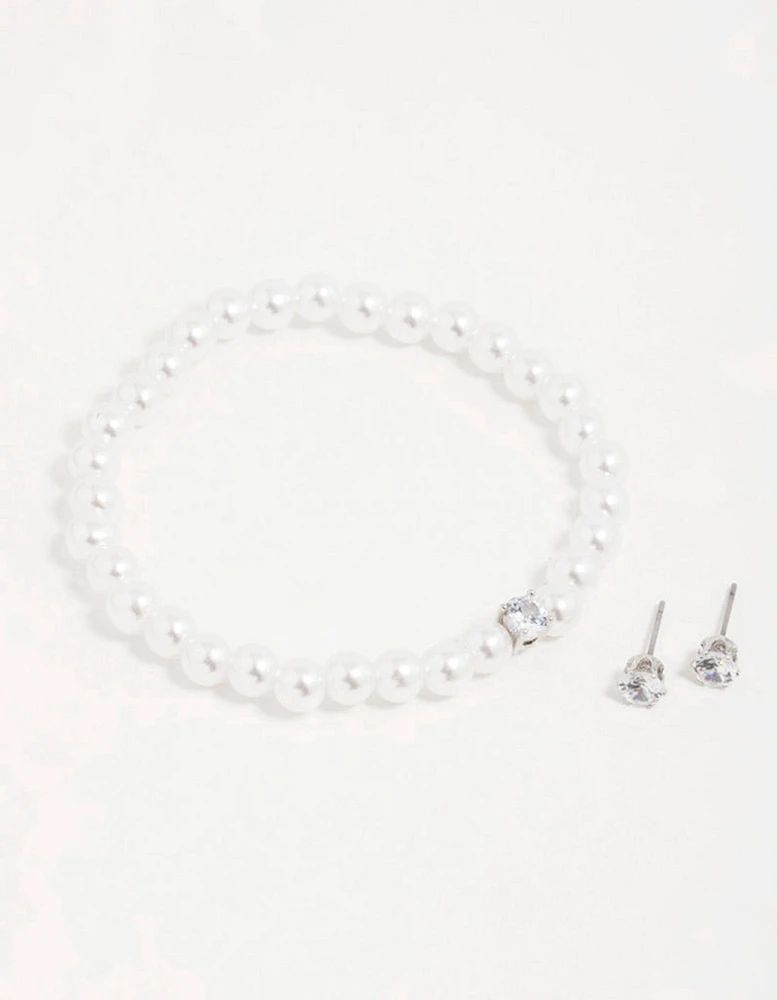 Silver Pearl Cubic Zirconia Earrings & Bracelet Set