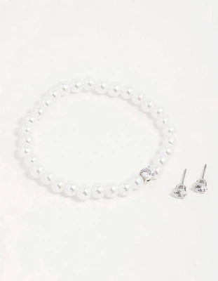 Silver Pearl Cubic Zirconia Earrings & Bracelet Set