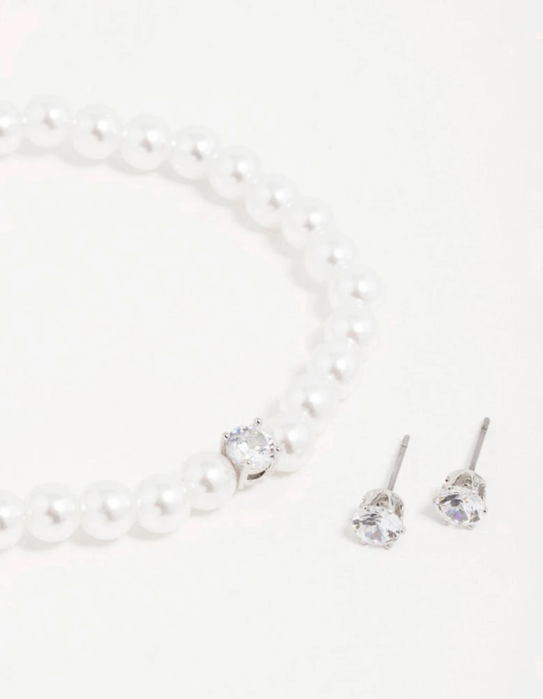 Silver Pearl Cubic Zirconia Earrings & Bracelet Set