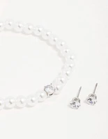 Silver Pearl Cubic Zirconia Earrings & Bracelet Set