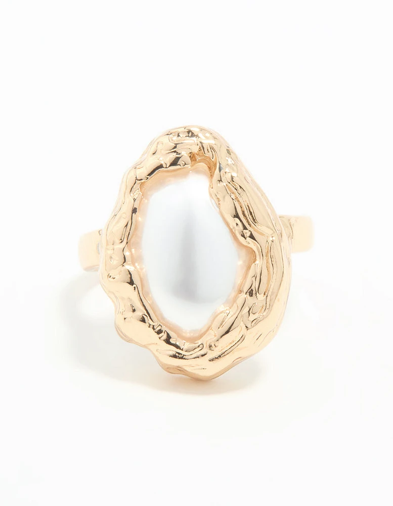 Gold Pearl Molten Oval Ring