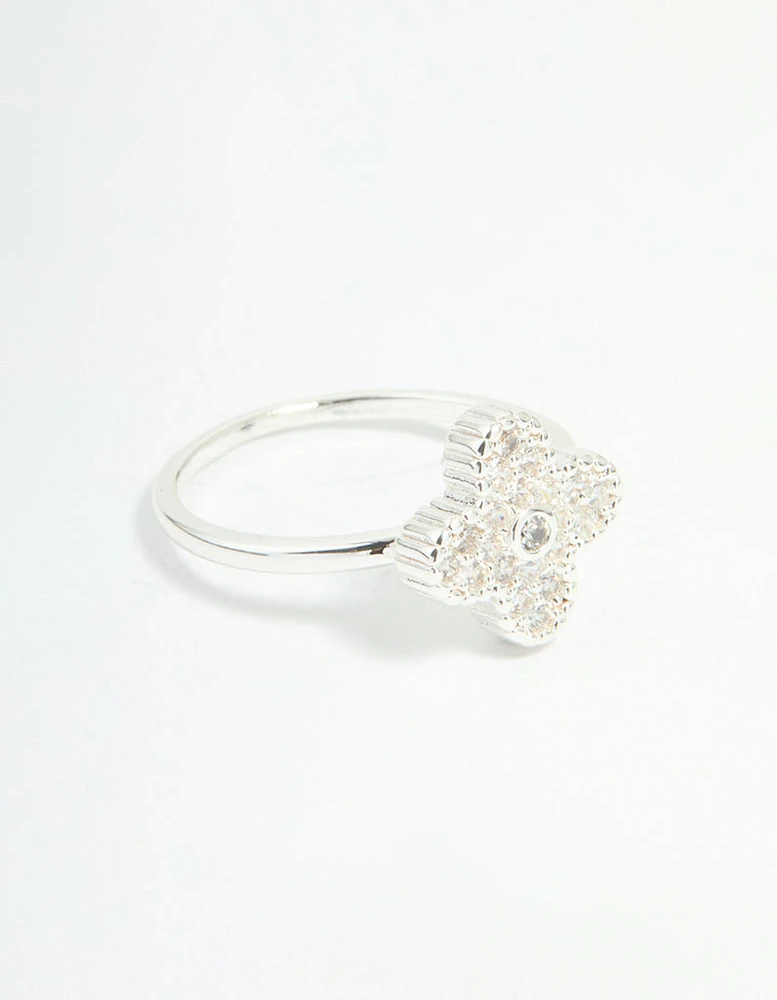 Silver Plated Cubic Zirconia Flower Statement Ring
