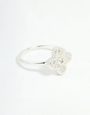 Silver Plated Cubic Zirconia Flower Statement Ring
