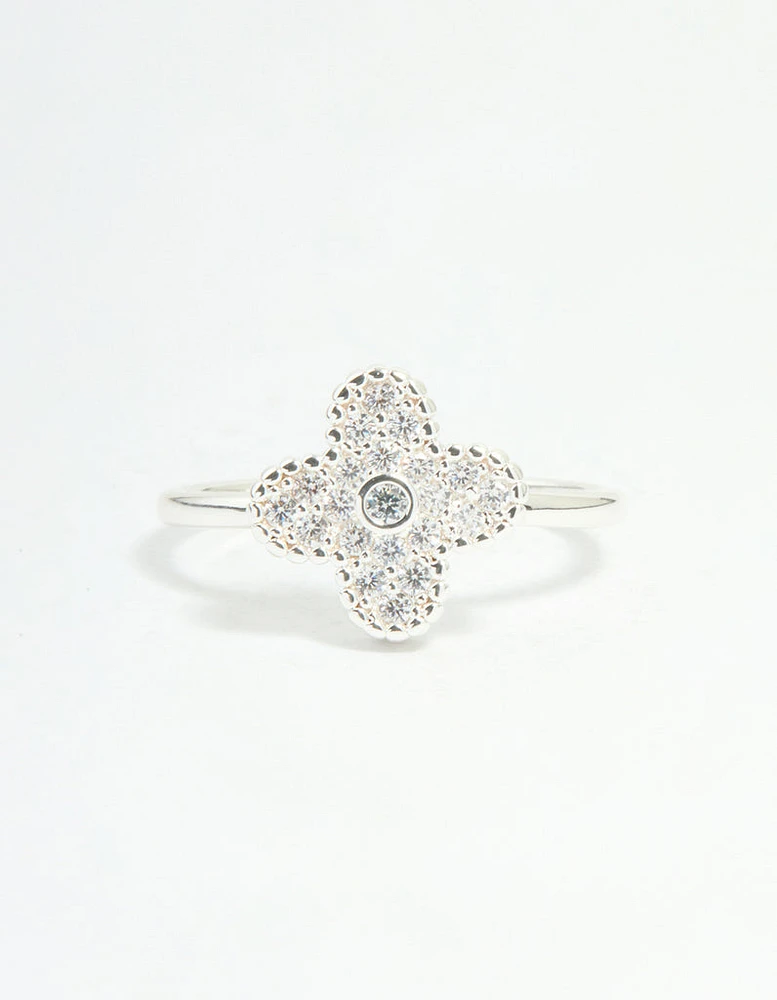 Silver Plated Cubic Zirconia Flower Statement Ring