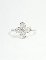 Silver Plated Cubic Zirconia Flower Statement Ring