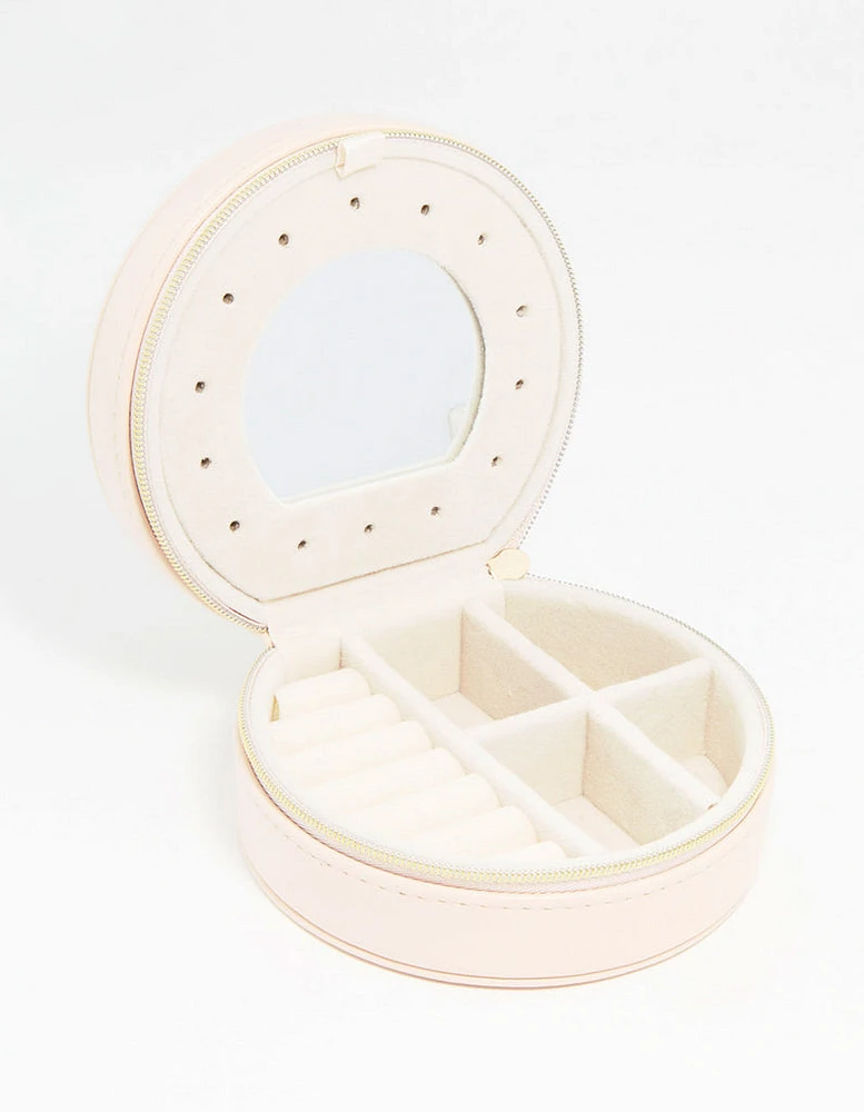 Cream PU Leather Small Round Jewellery Box