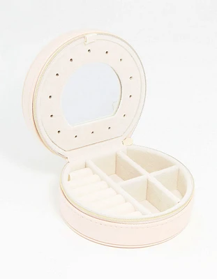 Cream PU Leather Small Round Jewellery Box