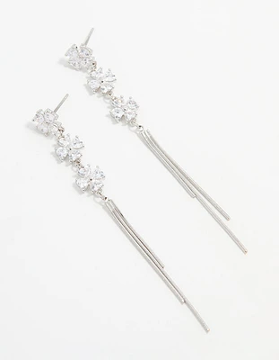 Silver Cubic Zirconia Triangular Floral Drop Earrings