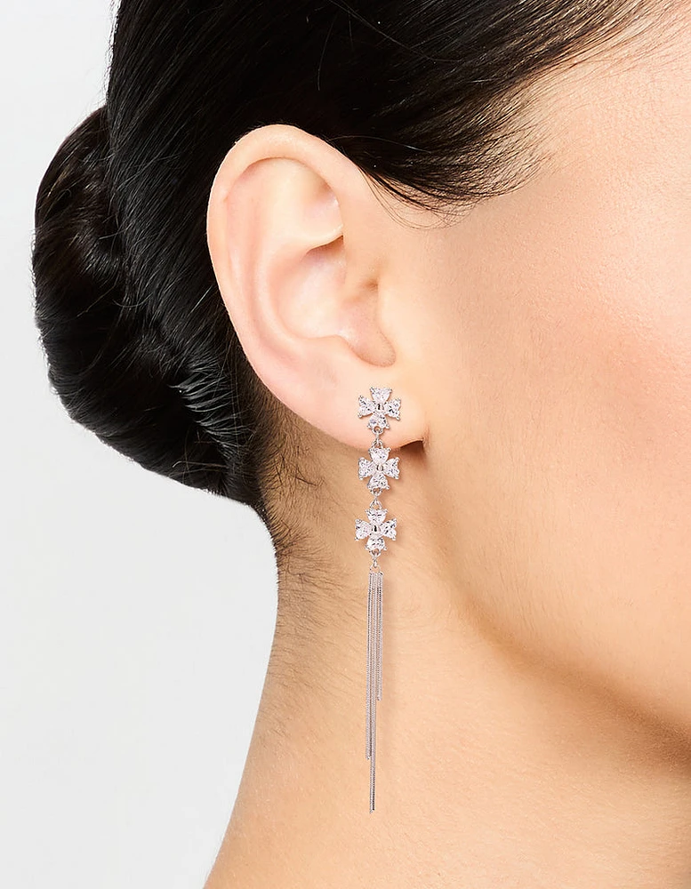 Silver Cubic Zirconia Triangular Floral Drop Earrings