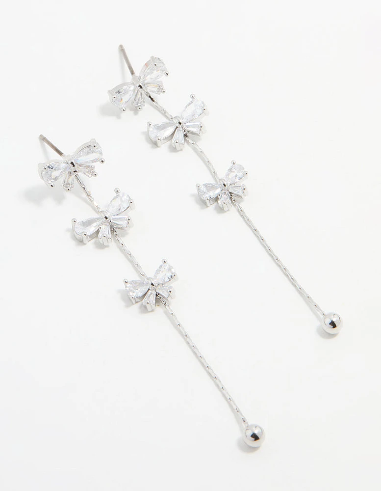 Silver Cubic Zirconia Mini Bow Drop Earrings