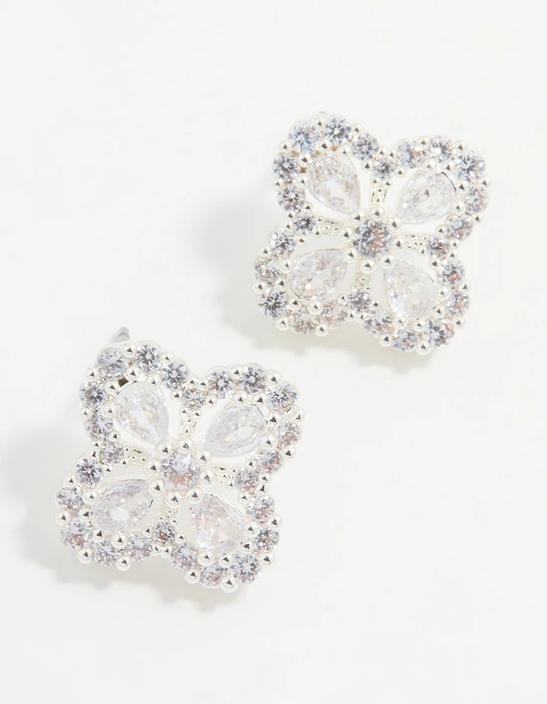 Silver Cubic Zirconia Floral Stud Earrings