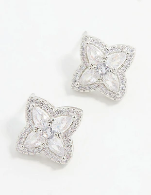 Silver Cubic Zirconia Marquise Flower Stud Earrings