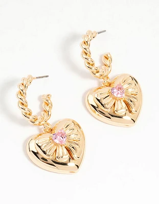 Gold Pink Cubic Zirconia Heart Hoop Earrings