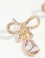 Gold Diamante Dainty Bow Drop Earrings