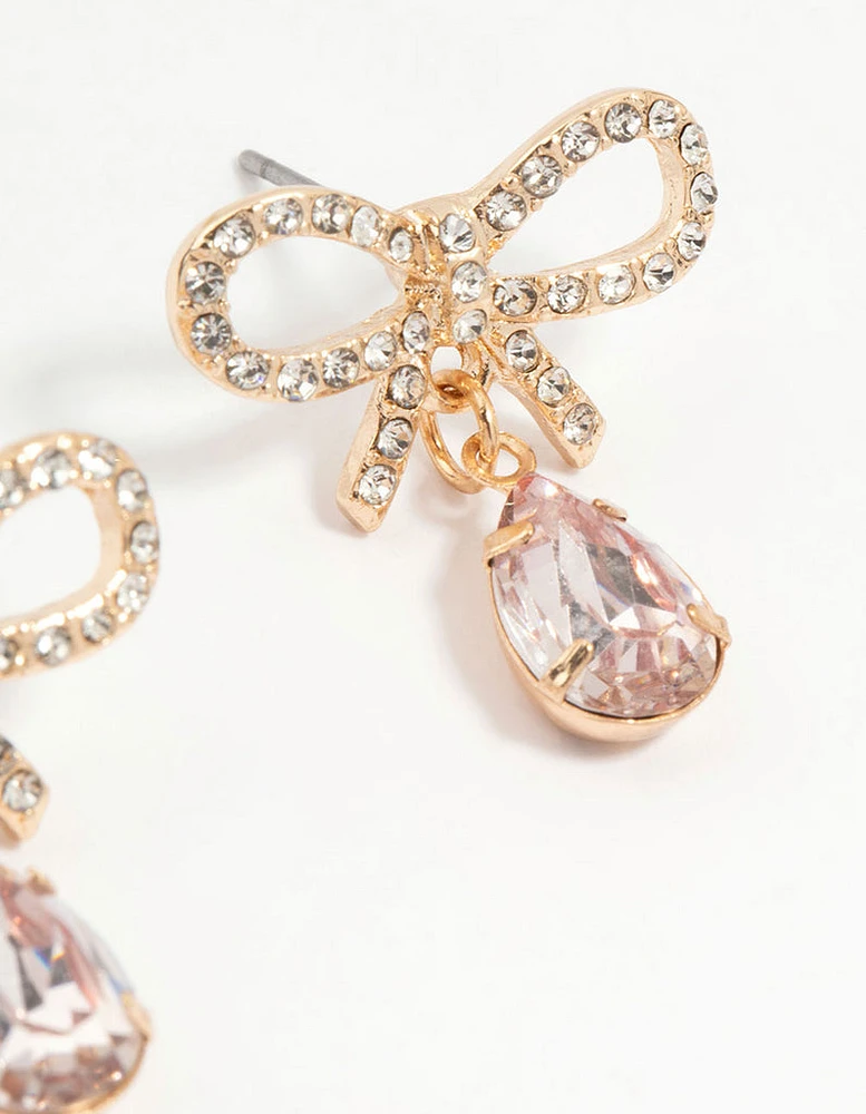 Gold Diamante Dainty Bow Drop Earrings