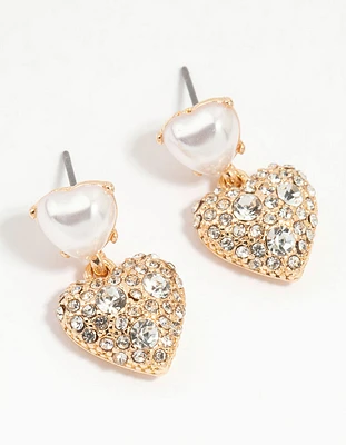 Gold Diamante & Pearl Heart Drop Earrings