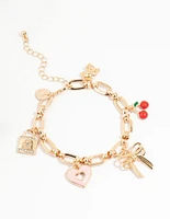 Gold Cherry & Heart Charm Bracelet