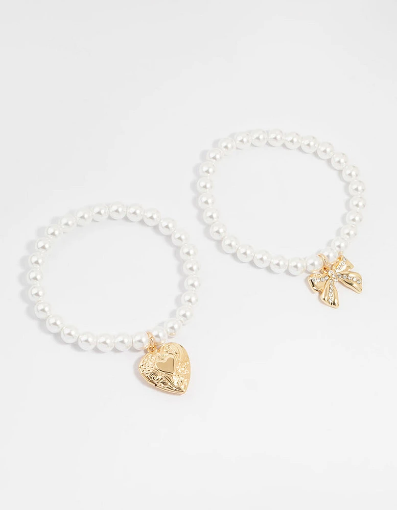 Gold Pearl & Heart Locket Stretch Bracelets 2-Pack