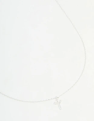 Silver Plated Cubic Zirconia Mini Cross Pendant Necklace