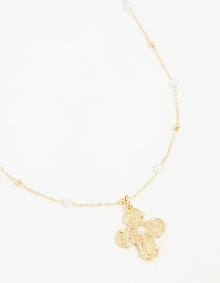 Gold Plated Pearl Station Cross Necklace