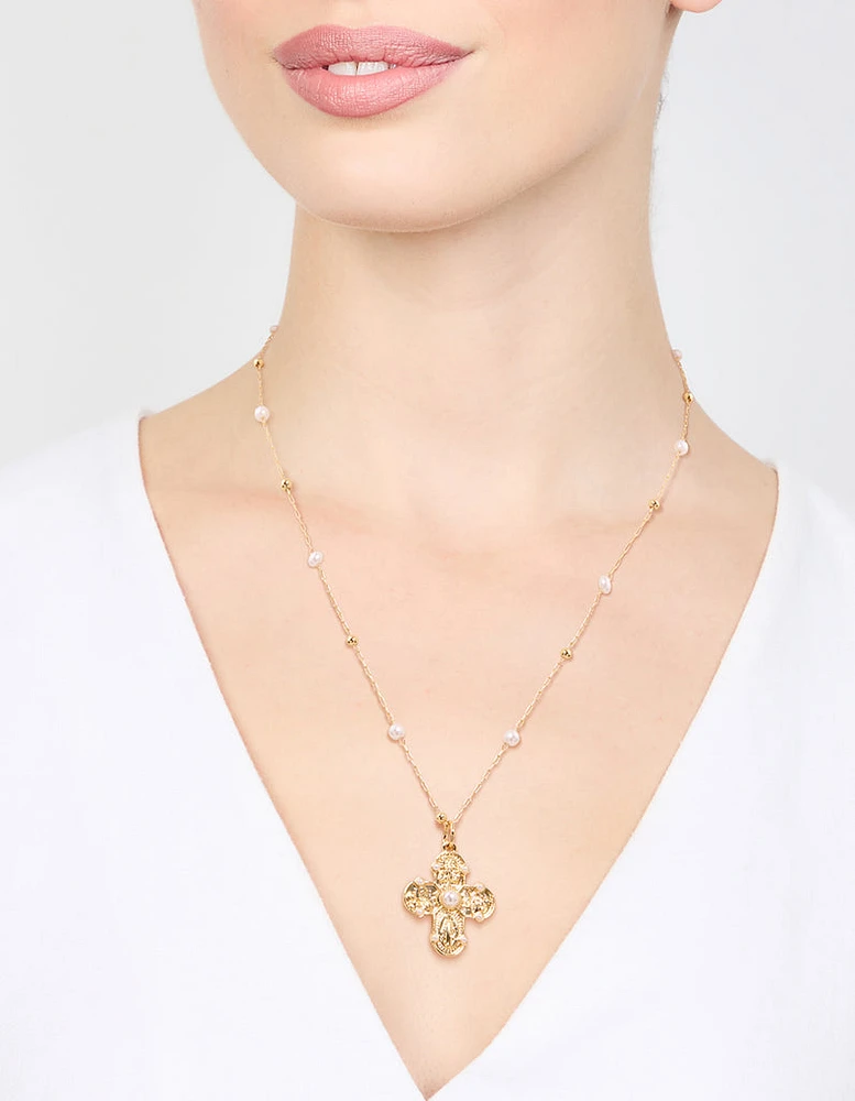 Gold Plated Pearl Station Cross Necklace