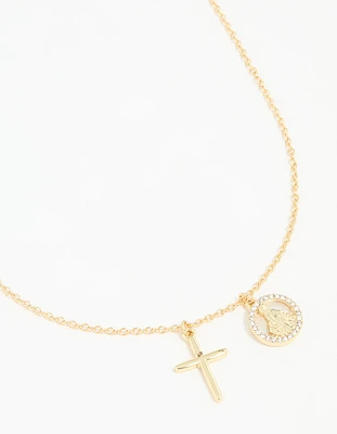 Gold Plated Cross & Mary Charm Necklace