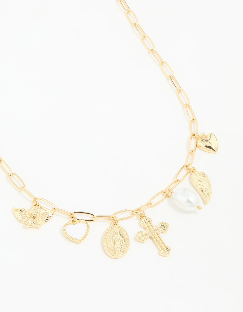 Gold Plated Cross & Pearl Charm Necklace