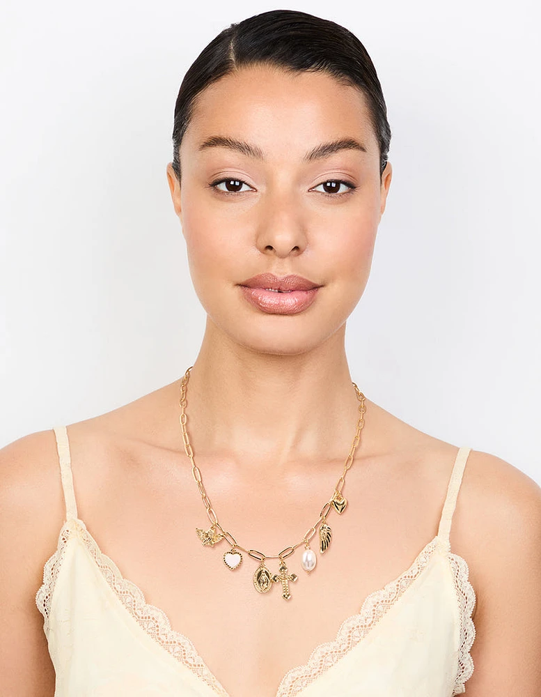 Gold Plated Cross & Pearl Charm Necklace