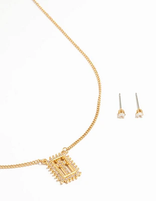 Gold Plated Cubic Zirconia Cross Necklace & Stud Earrings Set